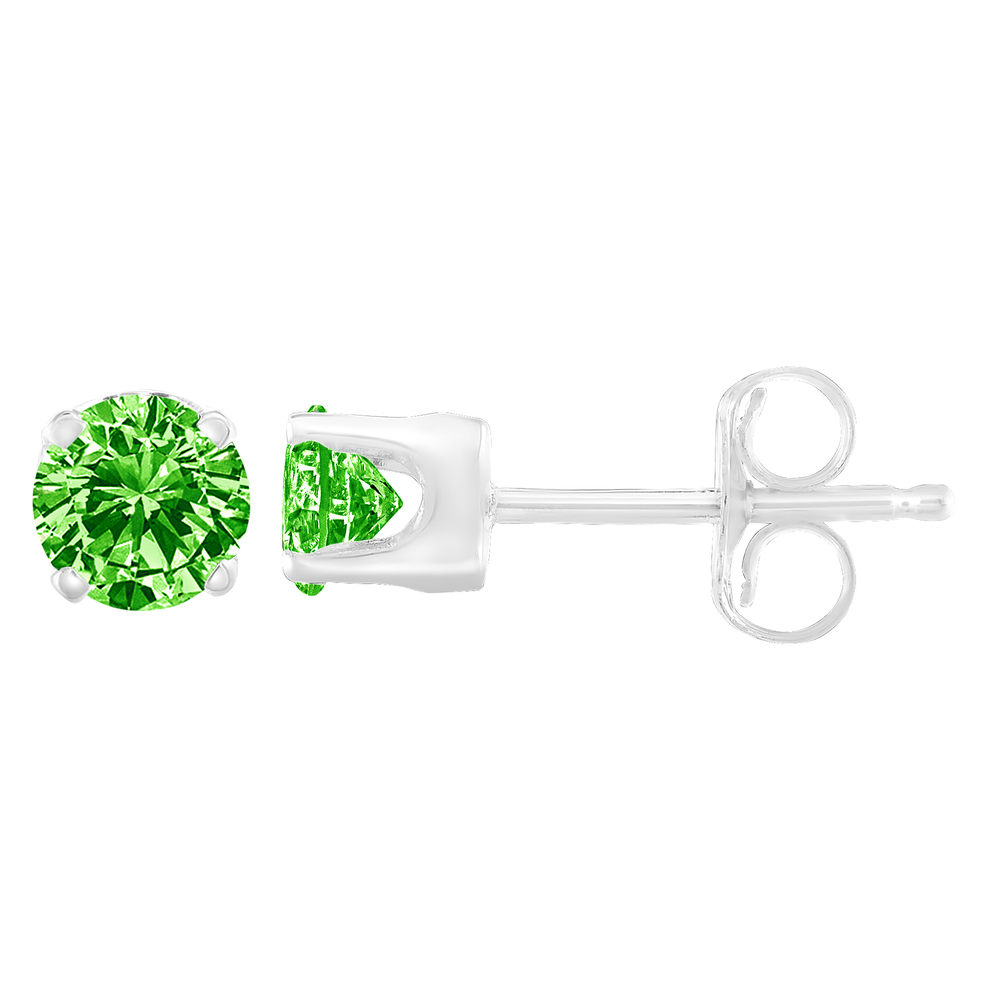 .925 Sterling Silver 1/5 Carat Round Green Diamond Classic 4-Prong Stud Earrings